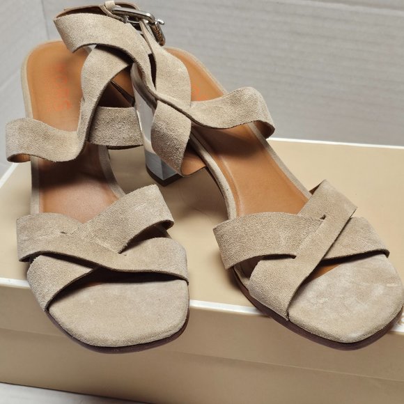 New Womens Michael Kors Suede Light Camel Clear Chunky Heel Leather Soles 11 - Picture 6 of 15